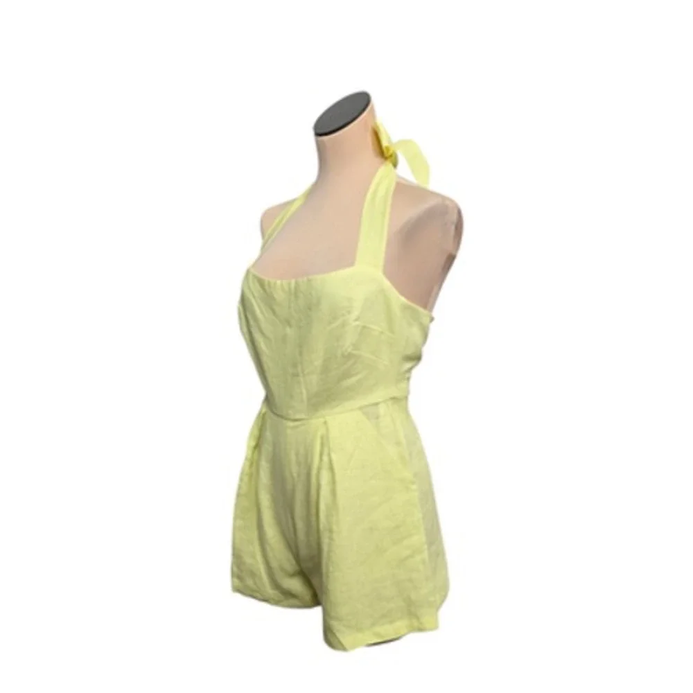 Rumer Quinn Playsuit Womens XS Yellow Linen Halter Romper Summer Jumpsuit Cotton